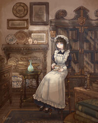 Rule 34 | 1girl, apron, black dress, bonnet, book, bookshelf, brown hair, cup, drawer, dress, grey eyes, highres, holding, holding cup, holding saucer, indoors, maid, maid apron, original, painting (object), port (portzzz), saucer, scenery, sitting, solo, stool, teacup, vase, white apron