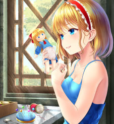 Rule 34 | 1girl, alice margatroid, apron, ascot, bad id, bad pixiv id, bare arms, bare shoulders, blonde hair, blue dress, blue eyes, blue sky, bow, box, breasts, brooch, collarbone, commentary request, doll, dress, hair bow, hairband, holding, holding doll, holding needle, indoors, jewelry, light rays, lolita hairband, long hair, medium breasts, needle, parted lips, pin, red ascot, red bow, red hairband, shadow, shanghai doll, short hair, sky, smile, solo, spaghetti strap, spool, string, touhou, tree, uemura shun, waist apron, white apron, window
