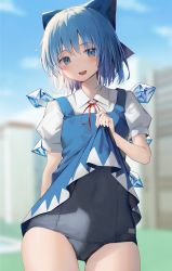 Rule 34 | 1girl, absurdres, blue bow, blue dress, blue eyes, blue hair, blue one-piece swimsuit, blue sky, blurry, blurry background, blush, bow, cirno, clothes lift, cowboy shot, day, depth of field, dress, dress lift, hair bow, highres, ice, ice wings, lifting own clothes, looking at viewer, mamemochi, one-piece swimsuit, open mouth, outdoors, pinafore dress, red ribbon, ribbon, school swimsuit, shirt, shirt lift, short hair, short sleeves, skirt, skirt lift, sky, sleeveless dress, solo, standing, swimsuit, swimsuit under clothes, touhou, white shirt, wings