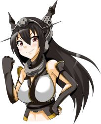 Rule 34 | 10s, 1girl, black hair, breasts, fingerless gloves, fist pump, gloves, hairband, hand on own hip, headgear, jpeg artifacts, kantai collection, large breasts, long hair, looking at viewer, nagato (kancolle), red eyes, simple background, smile, solo, very long hair, white background, yamato nadeshiko