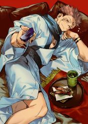 Rule 34 | 1boy, bad id, bad twitter id, bikkusama, black hair, black scarf, closed mouth, controller, cup, cushion, extra eyes, facial tattoo, feet out of frame, head rest, highres, holding, holding remote control, japanese clothes, jujutsu kaisen, kimono, lying, male focus, on side, pink hair, red eyes, remote control, ryoumen sukuna (jujutsu kaisen), scarf, smile, solo, spiked hair, tattoo, tray, undercut, white kimono, wide sleeves