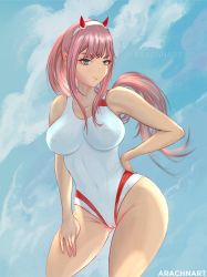 Rule 34 | 1girl, arachnart, bare shoulders, blue eyes, breasts, cloud, cloudy sky, darling in the franxx, highres, horns, large breasts, long hair, one-piece swimsuit, pink hair, sky, swimsuit, tagme, zero two (darling in the franxx)