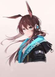Rule 34 | 1girl, absurdres, amiya (arknights), animal ear fluff, animal ears, arknights, black jacket, blue eyes, brown background, brown hair, closed mouth, commentary request, cropped torso, hair between eyes, highres, hood, hood down, hooded jacket, jacket, long hair, lxc, open clothes, open jacket, ponytail, rabbit ears, revision, shirt, solo, unaligned ears, upper body, white shirt