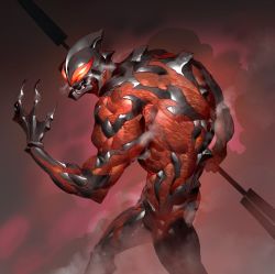 Rule 34 | 1boy, alien, armor, claws, colored skin, fingernails, highres, holding, holding polearm, holding weapon, hunchback, male focus, monster, muscular, nicholas f, open mouth, orange eyes, polearm, red background, red skin, rock, sharp fingernails, sharp teeth, solo, spine, stepping, teeth, tokusatsu, ultra series, ultraman belial, ultraman geed (series), ultraman zero: the revenge of belial, weapon, yellow eyes