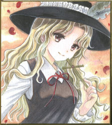 Rule 34 | 1girl, blonde hair, breasts, brown hat, brown vest, closed mouth, collared shirt, commentary request, cross, dolls in pseudo paradise, dutch angle, fedora, frilled hat, frilled sleeves, frills, hajike akira, happy, hat, hat feather, head tilt, highres, holding, holding cross, jacket girl (dipp), long hair, long sleeves, petals, photo (medium), red ribbon, ribbon, shirt, small breasts, smile, touhou, traditional media, upper body, vest, wavy hair, white shirt