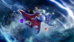 Rule 34 | 1girl, absurdres, blue dress, brown hair, cape, chinese clothes, closed mouth, double bun, dress, floating, floating object, full body, hair bun, highres, holding, holding staff, lightning, long hair, orb, pants, red cape, sash, second-party source, solo, staff, storm, water, waves, white footwear, white pants, xianjian qixia zhuan, zacao tong, zhao linger