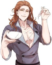 Rule 34 | 10s, 1boy, alternate costume, bowl, brown hair, collarbone, food on body, granblue fantasy, holding, pectoral cleavage, male focus, parted lips, pectorals, sexually suggestive, siegfried (granblue fantasy), siwomi, solo, spoon, suggestive fluid, upper body, wavy hair, yellow eyes