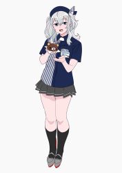 Rule 34 | 1girl, :d, aqua eyes, beret, black hat, black socks, blue hat, collared shirt, commentary request, crossover, employee uniform, food, food request, full body, grey background, grey footwear, grey skirt, hat, holding, kantai collection, kashima (kancolle), kneehighs, lawson, legs, long hair, looking at viewer, miniskirt, name tag, ojipon, open mouth, pinstripe pattern, pinstripe shirt, platform footwear, pleated skirt, rilakkuma, san-x, shirt, short sleeves, sidelocks, silver hair, simple background, single horizontal stripe, skirt, smile, socks, solo, standing, striped, thigh gap, twintails, uniform, wavy hair, wing collar