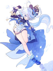 Rule 34 | 1girl, :d, absurdres, ahoge, air bubble, ascot, asymmetrical gloves, black gloves, blue ascot, blue brooch, blue eyes, blue footwear, blue hair, blue hat, blue jacket, bubble, full body, furina (genshin impact), genshin impact, gloves, hair between eyes, hat, highres, jacket, knees, legs, light blue hair, long hair, looking at viewer, mismatched gloves, multicolored hair, open mouth, reflection, reflective floor, shorts, sidelocks, sikakuikamome, smile, socks, solo, streaked hair, top hat, two-tone hair, white gloves, white shorts, white socks