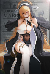 Rule 34 | 1girl, absurdres, azur lane, bare shoulders, black gloves, blonde hair, breast cutout, breasts, cheshire (azur lane), cleavage, commission, covered navel, crossed legs, fake horns, feet out of frame, gloves, habit, hair between eyes, half gloves, highres, horns, huge breasts, implacable (azur lane), jewelry, long bangs, long hair, long hair between eyes, long sleeves, nun, pelvic curtain, pixiv commission, ring, see-through, sitting, slqnsdl, solo, thighhighs, veil, very long hair, wedding ring, white horns, white thighhighs, wide sleeves
