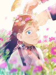 Rule 34 | 1boy, 1girl, ainu, ainu clothes, asirpa, blush, choker, closed mouth, commentary request, dressing another, earrings, falling petals, field, film grain, floating hair, flower, flower field, golden kamuy, grey kimono, head wreath, highres, hoop earrings, japanese clothes, jewelry, kimono, lens flare, long hair, long sleeves, looking at another, mudi mudi, one eye closed, open clothes, open robe, out of frame, petals, pink flower, robe, scarf, solo focus, sugimoto saichi, upper body, white robe