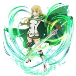 Rule 34 | 1girl, action, blonde hair, blue eyes, boots, cape, dungeon ni deai wo motomeru no wa machigatteiru darou ka, elf, gloves, highres, holding, holding sword, holding weapon, official art, pointy ears, ponytail, ryu lion, solo, sword, tagme, thigh boots, thighhighs, transparent background, weapon, wind