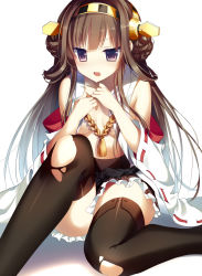 Rule 34 | 10s, 1girl, ahoge, braid, breasts, brown hair, hairband, highres, japanese clothes, kantai collection, kongou (kancolle), long hair, open clothes, open mouth, open shirt, purple eyes, ribbon-trimmed sleeves, ribbon trim, shirt, sitting, solo, thighhighs, torn clothes, yoruneko