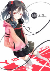 Rule 34 | 10s, 1girl, black hair, character name, copyright name, hair bobbles, hair ornament, hands in pockets, headphones, headphones around neck, hood, hoodie, looking at viewer, love live!, love live! school idol project, red eyes, reio reio, shoes, short hair, short twintails, skirt, smile, sneakers, solo, thighhighs, twintails, white thighhighs, yazawa nico