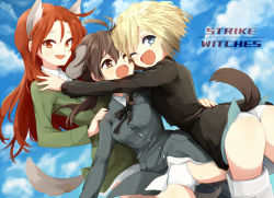 Rule 34 | 3girls, ;d, animal ears, ass, bad id, bad pixiv id, black ribbon, blonde hair, blue eyes, blue sky, bob cut, brown eyes, brown hair, cloud, collared shirt, copyright name, day, dog ears, dog tail, erica hartmann, flying, gertrud barkhorn, gradient hair, kodamari, long hair, long sleeves, military, military uniform, minna-dietlinde wilcke, multicolored hair, multiple girls, one eye closed, open mouth, orange eyes, orange hair, panties, ribbon, shirt, short hair, sky, smile, strike witches, striker unit, sweatdrop, tail, twintails, underwear, uniform, white panties, wolf ears, wolf tail, world witches series