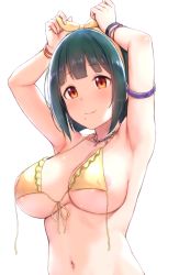 Rule 34 | 1girl, adjusting clothes, adjusting headwear, armpits, bikini, blush, bracelet, breasts, cai geng, cleavage, commentary request, front-tie bikini top, front-tie top, green hair, hairband, highres, idolmaster, idolmaster (classic), jewelry, large breasts, mole, mole under mouth, navel, necklace, otonashi kotori, short hair, sidelocks, simple background, smile, solo, swimsuit, underboob, white background, yellow eyes