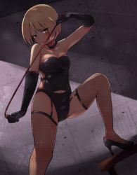Rule 34 | 1girl, alternate costume, asa (ces6ces8), bare shoulders, black choker, black footwear, black gloves, blonde hair, bondage outfit, breasts, choker, dominatrix, elbow gloves, fishnet thighhighs, fishnets, gloves, high heels, highres, holding, looking at viewer, lunasa prismriver, medium breasts, navel, shoes, short hair, solo, standing, thighhighs, touhou, whip, yellow eyes