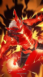 Rule 34 | 1boy, abs, absurdres, artist name, broken mask, brown pants, fire, from above, glowing, glowing eye, highres, honkai (series), honkai impact 3rd, jacket, kalpas (honkai impact), looking at viewer, mask, muscular, muscular male, open mouth, pants, short hair, solo, torn clothes, torn jacket, white hair, yan (unicorn404)
