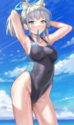 Rule 34 | 1girl, absurdres, animal ear fluff, animal ears, armpits, arms behind head, arms up, blue archive, blue eyes, blue sky, blush, breasts, cloud, commentary request, competition swimsuit, cowboy shot, cross hair ornament, day, extra ears, grey hair, hair ornament, halo, highleg, highleg swimsuit, highres, long hair, looking at viewer, medium breasts, mikumo (lpmkookm), mouth hold, ocean, one-piece swimsuit, outdoors, shiroko (blue archive), shiroko (swimsuit) (blue archive), sky, solo, standing, swimsuit, wet