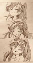 Rule 34 | 1girl, blush, bow, closed mouth, collarbone, commentary request, earrings, closed eyes, fang, ganaha hibiki, graphite (medium), greyscale, hair ribbon, highres, hoop earrings, idolmaster, idolmaster (classic), jewelry, long hair, looking at viewer, monochrome, multiple views, open mouth, ribbon, shirt, smile, sutora binsuke, traditional media, upper body