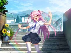 Rule 34 | 1girl, action taimanin, breasts, felicia (taimanin kurenai), female focus, hair ribbon, happy, lilith-soft, long hair, looking at viewer, pink hair, pointy ears, ribbon, school uniform, skirt, sky, small breasts, smile, solo, taimanin (series), twintails, very long hair, zol