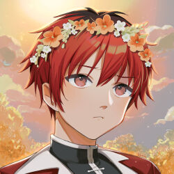 Rule 34 | 1boy, artist name, black hair, closed mouth, commentary, head wreath, klaeia, looking at viewer, male focus, multicolored hair, outdoors, portrait, red eyes, red hair, scar, scar on face, scar on forehead, short hair, solo, sousou no frieren, stark (sousou no frieren), two-tone hair, watermark