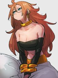 Rule 34 | 1girl, android 21, bare shoulders, blue eyes, bracelet, breasts, cleavage, closed mouth, collarbone, dragon ball, dragon ball fighterz, earrings, glasses, grey background, hair between eyes, hoop earrings, jewelry, kemachiku, long hair, looking away, looking up, majin android 21, medium breasts, midriff, navel, red hair, simple background, sitting, solo