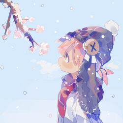 Rule 34 | 1boy, absurdres, beanie, black hat, blush, branch, breath, bright pupils, buttons, cherry blossoms, commentary request, facing to the side, from side, fur hat, hat, highres, hood, hoodie, long sleeves, looking up, original, outdoors, parted bangs, pink eyes, pink hair, pom pom (cheerleading), pom pom (clothes), pom pom beanie, ponytail, raised eyebrows, raito-kun (uenomigi), red scarf, scarf, short hair, sidelocks, snow, snowflakes, snowing, tree, uenomigi, upper body, ushanka, white hoodie, white pupils, winter, winter clothes