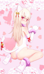 Rule 34 | 1girl, animal ears, animal hands, arm ribbon, ass, back cutout, bad id, bad pixiv id, bare legs, bare shoulders, bell, blonde hair, blush, body blush, cat ears, cat tail, closed eyes, closed mouth, clothing cutout, dangeroes beast (illya), elbow gloves, fake animal ears, fang, fang out, fate/kaleid liner prisma illya, fate (series), full body, fur-trimmed gloves, fur collar, fur trim, gloves, hair bell, hair ornament, hairband, heart, heart background, highres, illyasviel von einzbern, jingle bell, leotard, light frown, long hair, looking at viewer, nose blush, official alternate costume, paw gloves, paw shoes, pink background, red eyes, red ribbon, ribbon, shoes, sitting, solo, tail, tail bell, tail ornament, tail ribbon, very long hair, wariza, white footwear, white gloves, white hairband, white leotard, yiku (sim7368)