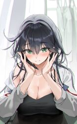 Rule 34 | 1girl, absurdres, bare shoulders, black camisole, black hair, blurry, blurry background, blush, breasts, camisole, choyeon, cleavage, closed mouth, collarbone, curtains, green eyes, hair between eyes, hand on own face, highres, holding, holding stylus, jacket, large breasts, long hair, long sleeves, looking down, mixed-language commentary, original, single bare shoulder, smile, solo, stylus, upper body, white jacket