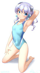Rule 34 | 1girl, aqua one-piece swimsuit, arm behind head, blue eyes, blush, casual one-piece swimsuit, collarbone, covered navel, hair ornament, hair ribbon, kantai collection, kneeling, langley (kancolle), looking at viewer, medium hair, one-piece swimsuit, purple hair, ray.s, ribbon, shadow, smile, solo, swimsuit, white background