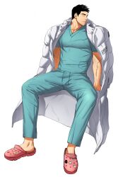 Rule 34 | 1boy, absurdres, bara, check copyright, coat, coat on shoulders, copyright request, crocs, full body, highres, invisible chair, lab coat, large pectorals, looking to the side, male focus, mature male, muscular, muscular male, original, pectoral cleavage, pectorals, short hair, sideburns, sitting, solo, thick eyebrows, tsurime, veins, veiny arms, yuche (skysin0830)