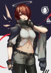 Rule 34 | 1girl, :d, absurdres, adapted costume, arknights, black gloves, black pantyhose, breasts, commentary, cowboy shot, crop top, exusiai (arknights), fingerless gloves, gloves, grey shorts, hair over one eye, halo, high collar, highres, kajuu, looking at viewer, midriff, navel, open mouth, pantyhose, pantyhose under shorts, penguin logistics logo, red eyes, red hair, rhodes island logo (arknights), short hair, short shorts, short sleeves, shorts, small breasts, smile, solo, standing, stomach