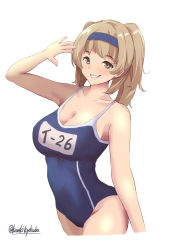 Rule 34 | 1girl, absurdres, blue one-piece swimsuit, breasts, brown eyes, cleavage, collarbone, commentary request, competition school swimsuit, cowboy shot, cropped legs, highres, i-26 (kancolle), kamikitayotsuba, kantai collection, large breasts, light brown hair, long hair, looking at viewer, name tag, new school swimsuit, one-hour drawing challenge, one-piece swimsuit, parted lips, school swimsuit, simple background, smile, solo, swimsuit, twitter username, two side up, white background