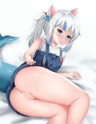 Rule 34 | 1girl, :p, absurdres, animal ears, anus, ass, bare legs, blue eyes, blue hair, blush, bottomless, cat ears, cat girl, censored, clothes lift, commentary, english commentary, fins, fish tail, gawr gura, gawr gura (casual), highres, hololive, hololive english, legs, legs folded, lifting own clothes, long hair, looking at viewer, lying, mosaic censoring, multicolored hair, myuchiron, naughty face, no panties, on side, overalls, pussy, shark girl, shark tail, side ponytail, silver hair, solo, streaked hair, tail, thighs, tongue, tongue out, virtual youtuber