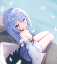 Rule 34 | 1girl, absurdres, bare shoulders, blue dress, blue eyes, blue hair, blush, breasts, detached sleeves, dress, eyelashes, feathered wings, feathers, feet out of frame, from above, from side, hair between eyes, highres, ledge, long hair, long sleeves, looking at viewer, open mouth, original, sitting, sleeves past fingers, sleeves past wrists, small breasts, solo, strapless, strapless dress, up (osk50217), white wings, wings