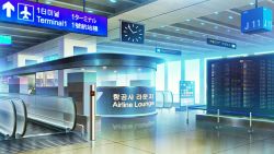 Rule 34 | airport, chinese text, clock, commentary, english commentary, english text, escalator, highres, indoors, korean text, no humans, original, reflection, reflective floor, rkmlady, translation request