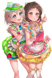 Rule 34 | 2girls, :d, absurdres, alternate costume, alternate hairstyle, aoba moca, apron, bad id, bad pixiv id, bang dream!, blue eyes, blush, bow, bowtie, brown eyes, brown hair, collared shirt, cosplay, earrings, feet out of frame, frilled apron, frilled skirt, frills, grey hair, hair bow, half updo, hand on another&#039;s shoulder, hazawa tsugumi, highres, jewelry, looking at viewer, miniskirt, multiple girls, name tag, necktie, official alternate costume, open mouth, over-kneehighs, petticoat, pointing, shirt, short hair, sidelocks, simple background, skirt, sleeveless, smile, standing, tareme, tgxmiki, thighhighs, thighs, twitter username, visor cap, waitress, white background, white legwear, wing collar, wrist cuffs