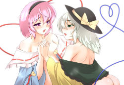 Rule 34 | 2girls, ass, back, blush, bottomless, breasts, censored, convenient censoring, female focus, green eyes, hairband, hat, hat ribbon, heart, heart of string, holding hands, incest, interlocked fingers, komeiji koishi, komeiji satori, multiple girls, no bra, off shoulder, open clothes, open mouth, open shirt, pandain, pink eyes, pink hair, ribbon, shirt, siblings, silver hair, sisters, tongue, tongue out, touhou, upper body, yuri