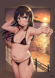 Rule 34 | 1girl, asashio (kancolle), bikini, bird, black bikini, blush, border, breasts, brown border, brown hair, cloud, commentary request, commission, cowboy shot, fence, hair between eyes, highres, horizon, jewelry, kantai collection, looking at viewer, looking to the side, micro bikini, navel, open hand, outdoors, outside border, outstretched arm, parted lips, plump, ring, rock, shigekikkusu, side-tie bikini bottom, signature, skeb commission, skindentation, sky, small breasts, solo, string bikini, sun, swimsuit, thick thighs, thighs, water