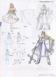 Rule 34 | 1girl, armor, armored dress, blonde hair, breasts, character sheet, clalaclan philias, concept art, crown, dress, female focus, gauntlets, green eyes, hair ornament, hand on own hip, highres, holding, holding weapon, lineart, long hair, low-tied long hair, panties, partially colored, ribbon, shield, shining (series), shining wind, simple background, solo, sword, tony taka, underwear, weapon, white background