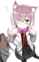 Rule 34 | 1girl, animal ears, black dress, black pantyhose, blurry, blush, cat ears, cat tail, chain, chain leash, collar, depth of field, dress, fate/grand order, fate (series), flying sweatdrops, glasses, hair over one eye, highres, jacket, leash, leash pull, long sleeves, looking at viewer, mamehamu, mash kyrielight, necktie, pantyhose, paw pose, purple eyes, purple hair, short hair, simple background, solo focus, tail, viewer holding leash, white background