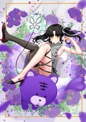 Rule 34 | 1girl, absurdres, armpits, black footwear, black hair, black ribbon, black thighhighs, blush, breasts, closed mouth, commentary request, demon girl, demon horns, demon tail, flower, full body, grey sweater, high heels, highres, horns, kojo anna, kojo anna (3rd costume), leg ribbon, long hair, looking at viewer, medium breasts, meme attire, multicolored hair, nanashi inc., official alternate costume, parted bangs, petals, pointy ears, purple flower, purple hair, ribbon, rose, sankyo (821-scoville), sideboob, single thighhigh, smile, solo, stuffed animal, stuffed tiger, stuffed toy, sugar lyric, sweater, tail, thighhighs, two-tone hair, two side up, virgin killer sweater, virtual youtuber, yellow eyes