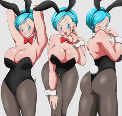 Rule 34 | animal ears, artist request, black leotard, blue eyes, blue hair, bow, bowtie, breasts, bulma, detached collar, dragon ball, dragon ball super, hazama null, highres, large breasts, leotard, multiple persona, multiple views, naughty face, one eye closed, open mouth, pantyhose, playboy bunny, rabbit ears, rabbit tail, short hair, smile, tail, wink