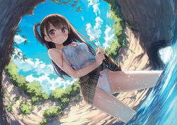 Rule 34 | 1girl, absurdres, bare shoulders, black hair, blue skirt, blush, bow, bow panties, bra, breasts, brown hair, camisole, cowboy shot, day, dutch angle, fisheye, highres, kantoku, long hair, looking at viewer, miniskirt, one side up, original, outdoors, panties, parted lips, plaid, plaid skirt, pleated skirt, purple eyes, scan, see-through, skirt, sky, solo, standing, strap slip, third-party edit, underwear, wading, water, wet, wet clothes, white bra, white panties, wringing clothes, wringing skirt