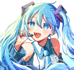 Rule 34 | 1girl, :d, blue eyes, blue hair, blue nails, blue necktie, collared shirt, detached sleeves, floating hair, grey sleeves, hair between eyes, hair ornament, hatsune miku, headset, highres, long hair, long sleeves, looking up, nail polish, necktie, open mouth, shirt, sleeveless, sleeveless shirt, smile, solo, twintails, twitter username, upper body, vocaloid, white background, white shirt, wing collar, y w uuu