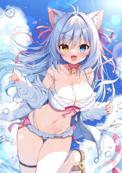 Rule 34 | 1girl, :d, aina rive, animal ear fluff, animal ears, antenna hair, bare shoulders, bell, bikini, blue eyes, blue sky, breasts, cat ears, cat girl, cat tail, choker, cleavage, cloud, cloudy sky, collarbone, commentary, day, frilled bikini, frills, grey hair, groin, hair between eyes, hair intakes, hair ribbon, heterochromia, jacket, jingle bell, large breasts, long hair, long sleeves, mauve, moe2024, neck bell, off shoulder, open clothes, open jacket, open mouth, original, outdoors, pink choker, pink ribbon, puffy long sleeves, puffy sleeves, ribbon, sky, sleeves past wrists, smile, solo, standing, standing on one leg, swimsuit, tail, very long hair, water, water drop, white bikini, white jacket, yellow eyes