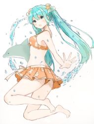 Rule 34 | 1girl, ass, barefoot, bikini, bikini skirt, blue eyes, blue hair, blush, commentary request, dolphin, floral print bikini, from behind, full body, hair ornament, hatsune miku, long hair, looking at viewer, looking back, open mouth, print bikini, solo, star (symbol), star hair ornament, suiren nei, swimsuit, twintails, very long hair, vocaloid, water