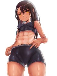 Rule 34 | 1girl, abs, absurdres, bike shorts, black hair, black shorts, blush, breasts, cameltoe, cleft of venus, covered erect nipples, dark-skinned female, dark skin, earclip, fang, fingernails, from below, gluteal fold, highres, ijiranaide nagatoro-san, imes, long hair, looking down, midriff, nagatoro hayase, pussy juice, pussy juice drip through clothes, shorts, skin fang, skin tight, small breasts, solo, sweat, thighs, toned, underwear, underwear only, v, white background, yellow eyes