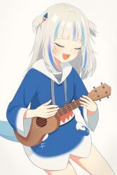 Rule 34 | 1girl, blue hair, blue hoodie, blunt bangs, closed eyes, commentary, drawstring, fins, fish tail, gawr gura, gawr gura (1st costume), grey hair, hair ornament, highres, holding, holding instrument, hololive, hololive english, hood, hoodie, instrument, light blush, long sleeves, medium hair, multicolored hair, music, nzmtarou, open mouth, playing instrument, shark girl, shark hair ornament, shark print, shark tail, sharp teeth, sidelocks, simple background, singing, sitting, solo, streaked hair, symbol-only commentary, tail, teeth, two side up, ukulele, upper teeth only, virtual youtuber, white background, white hood, wide sleeves